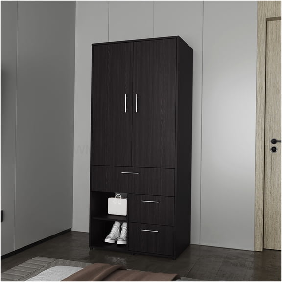 Modern Wenge Finish Wardrobe with Doors, Drawers, and Open Shelving Unit