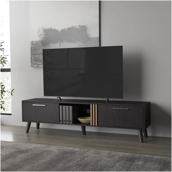 Modern Wenge TV Stand with 2 Doors & Open Shelves, Particle Board Entertainment Center for Living Room