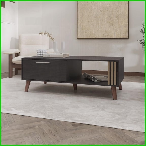 Modern Wengue Coffee Table with Pneumatic Door & Open Storage, Scratch-Resistant Melamine