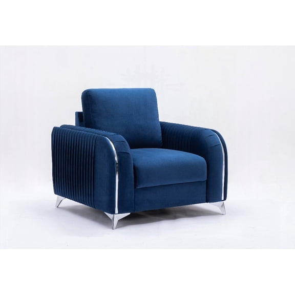 Modern Velvet Chair for Living Room - 21-inch Deep Blue 858075cm with Armrest 3D Effect and Silver Chrome Trim