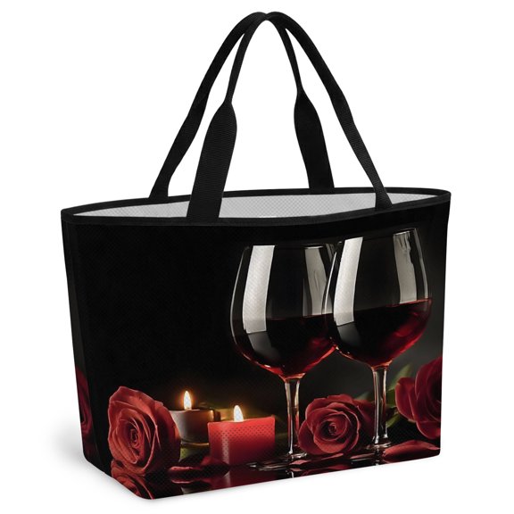 Modern Western Beach Bag for Women, Large Breathable Mesh Beach Tote Bag, Romantic Rose Flowers Wine Red Black Sandproof Lightweight Travel Bags for Vacation Picnic Swimming Pool 15.7"x15.7"x9.1"