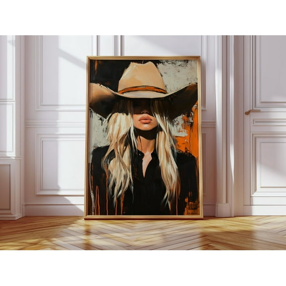 Modern Western Blonde Cowgirl Wall Art Print – Bold Abstract Portrait With Hat – Rustic Western Home Decor For Country Chic Interiors Wall Art, Modern Wall Decor, 24x36 UNFRAMED
