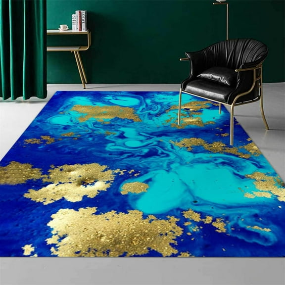 Modern Whirlpool Illusion Area Rug For Living Room Royal Blue And Metallic Gold Liquid Pattern Bedroom Rug Luxe Durable Kitchen Floor Decor Novelty Trippy Play Game Carpet 2x3ft