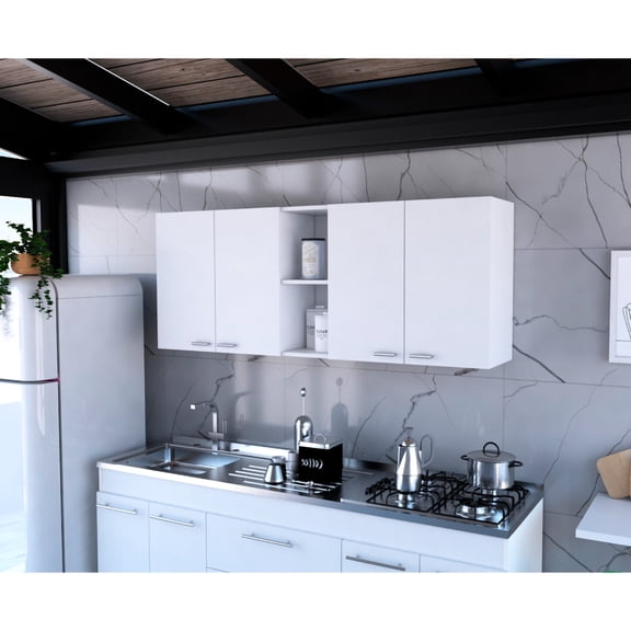 Modern White 24" H Wall Cabinet - Four Doors, Two Open Storage Shelves, And Internal Dish Rack Doors With Metal Handles, Shelf For Dishes Glasses