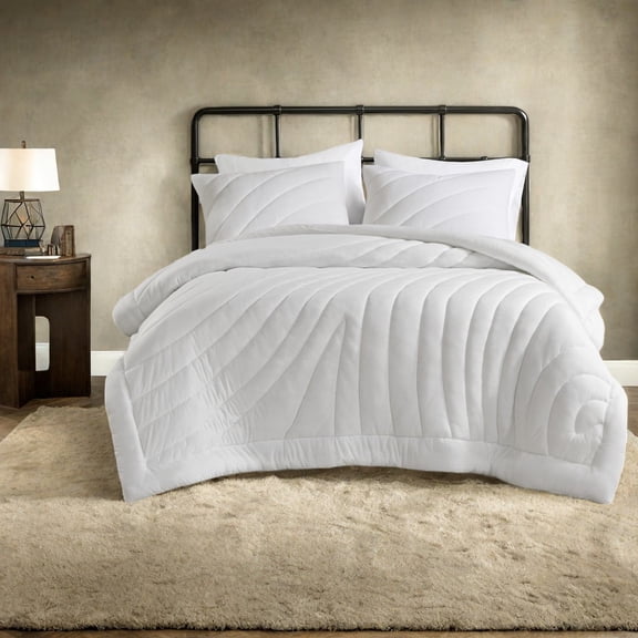 Modern White 3PC Full/Queen Bedding Set Soft Jersey Polyester Comforter with Quilted Design