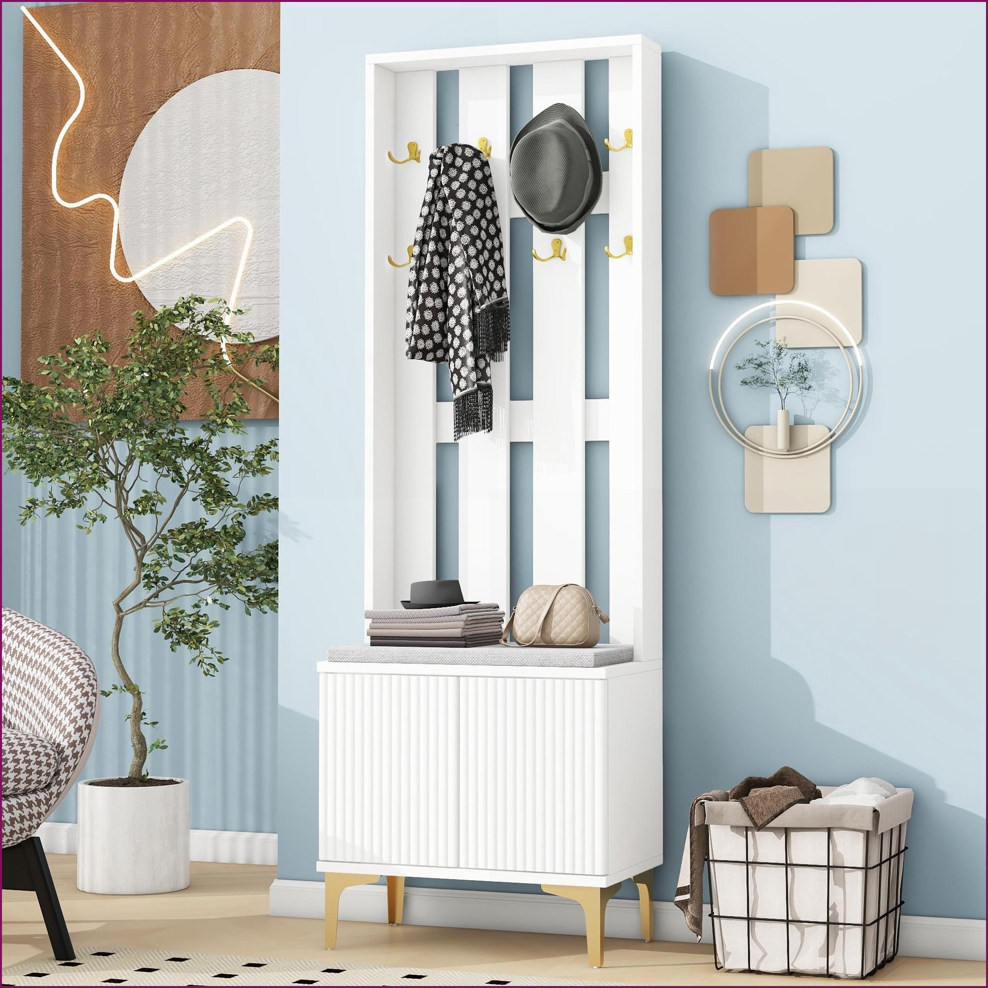 Modern White 4-in-1 Hall Tree with Bench, Coat Rack & Storage | 8 Gold ...
