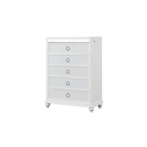 Modern White 5-Drawer Chest with LED Accent Lighting, Decorative Overlay Design, Velvet-Lined Drawers, Ring Pull Hardware, Tall Vertical Storage, Contemporary Bedroom Furniture
