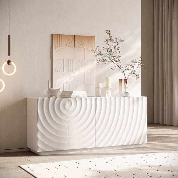 Modern White 59" Buffet Cabinet Sideboard | 4-Door Accent Storage Console with Luxurious 3D Wave Texture