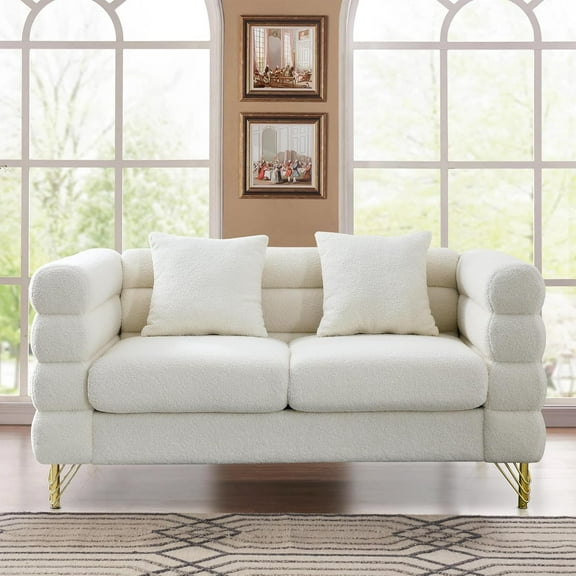 Modern White 60" Loveseat Sofa Teddy Fabric Sectional Sofa,Comfort Fabric Sectional Sofa-Deep Seating Sectional Sofa with 2 Pillows,Solid Wood Frame Gold Metal Legs