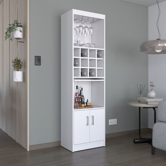 Modern White 71.10-Inch Engineered Wood Bar Cabinet - Double Door Design for Easy Access - In Living Areas - Save Space and Store Items