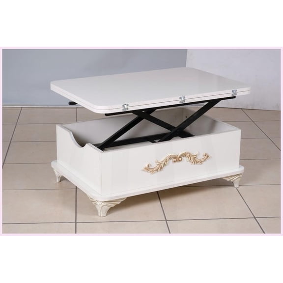 Modern White Adjustable Height Coffee Table for Living Room, Easy-Clean with Storage Shelf