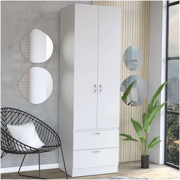 Modern White Armoire Cabinet with 2 Drawers & Hanging Space, Freestanding Closet Organizer for Bedroom