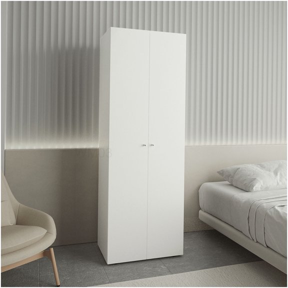 Modern White Armoire with Hanging Rod, 2-Door Freestanding Closet Organizer with Storage Shelf for Bedroom