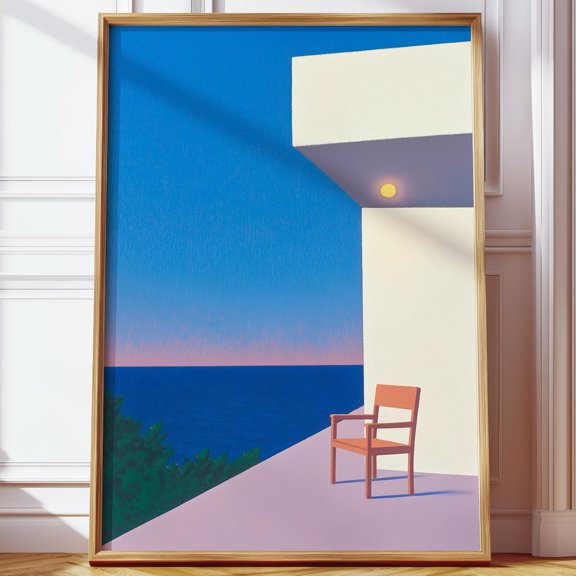 Modern White Balcony Sunset Serene Ocean View Wall Art, Unframed Paper Poster 8x10in