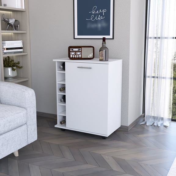 Modern White Bar Cart With 6 Stand, Ample Storage And Mobile Wheels For Main Living Space Featuring Shelving, Movable Caster
