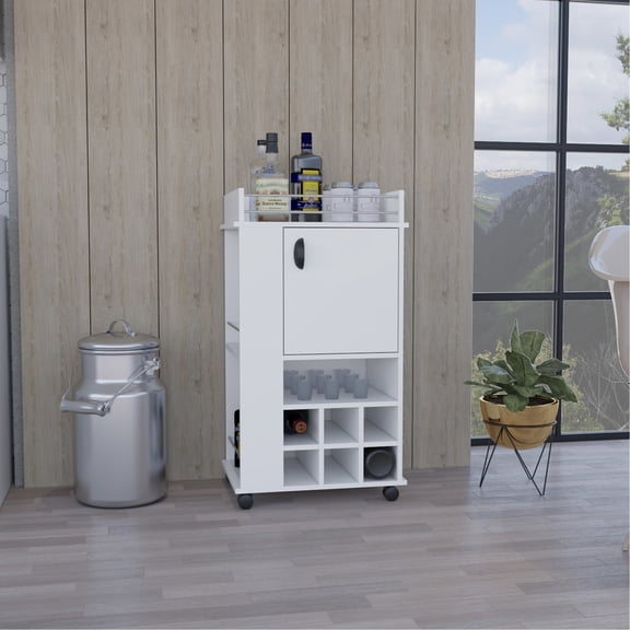 Modern White Bar Cart With Cabinet, 6 Wine And Rotating Cabinet Rack Spaces, Living Room Item