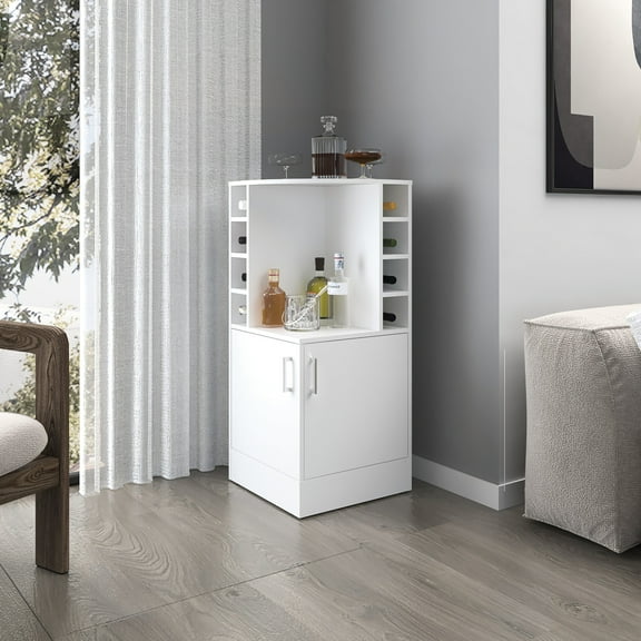 Modern White Bar Display - Bottle Rack, Open Shelves & Hidden Storage Area Home Cabinet Solution
