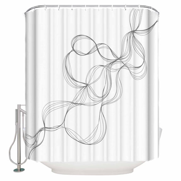 Modern White Bathroom Shower Curtains with 12 Hooks Polyester Waterproof Shower Curtain for Stalls and Bathtubs Minimalist Abstract Ribbon A Sketch Rt Decorative Bathroom Privacy Curtain 66x72 Inches