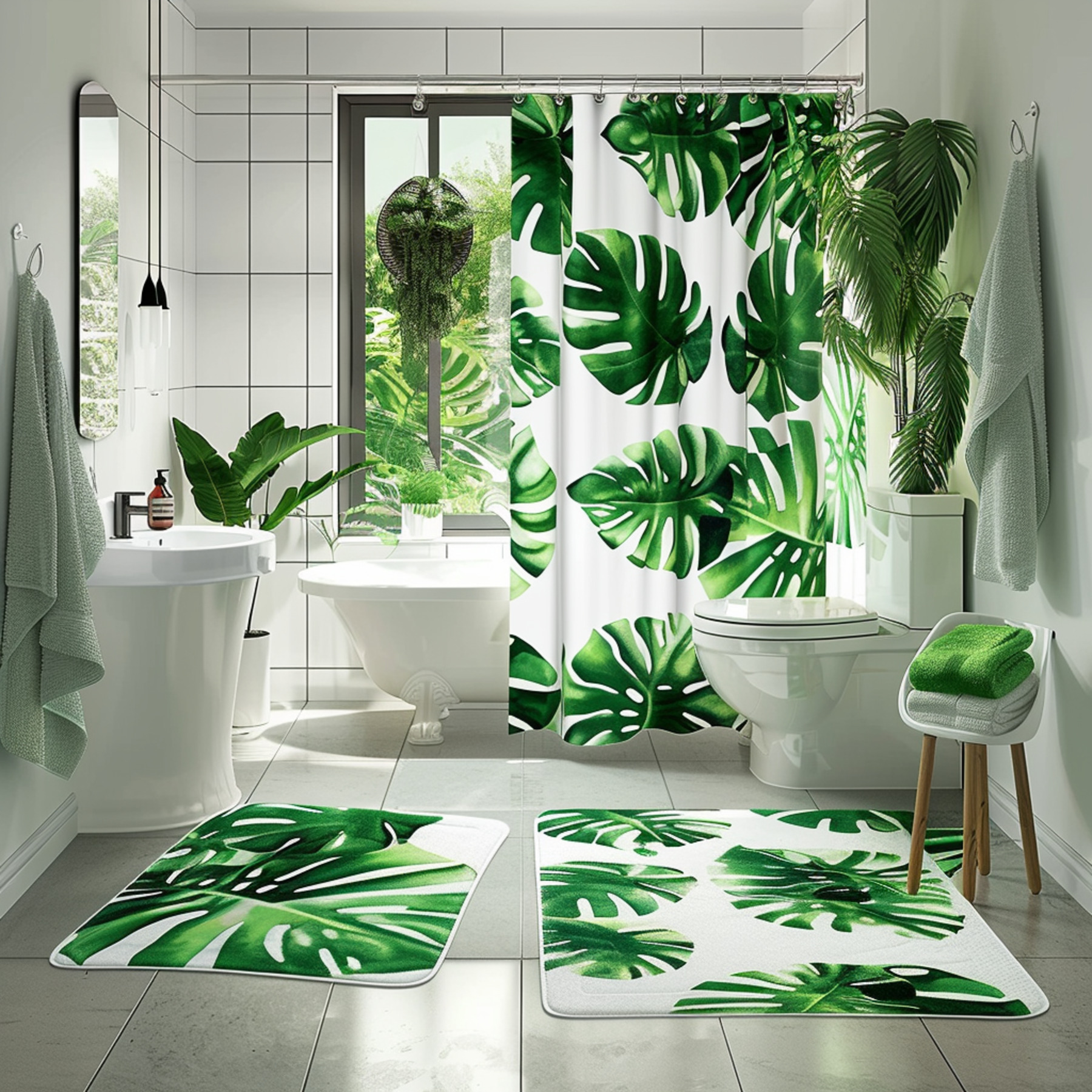 Modern White Bathroom with Green Monstera Leaves Theme Tropical ...