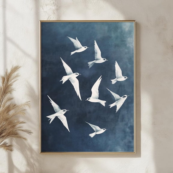 Modern White Birds Wall Art, Serene Swallows Flight Painting, Contemporary Dreamy Blue Sky Print, Nature-Inspired Decor, Coastal Artwork, Unframed Canvas Size 12x18