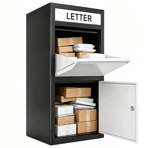 Modern White & Black Outdoor Package Box for Porch, Galvanized Steel Parcel Drop Box with Coded Lock, Heavy Duty Weatherproof Delivery Box
