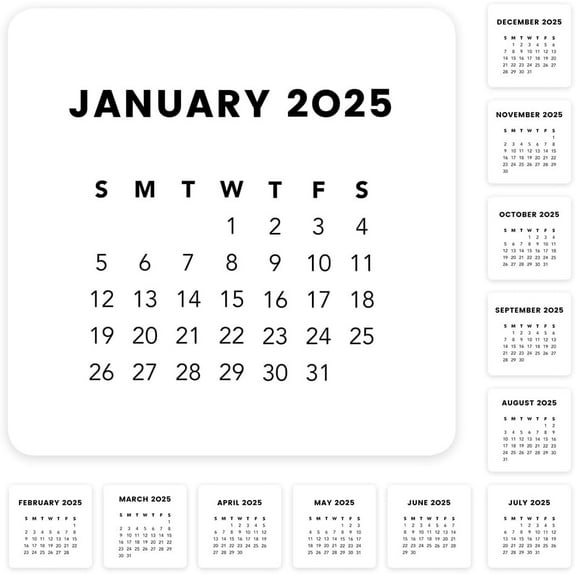 Modern White Black Small Month Planner Labels Mini Square 24 for 2025 12 for 2026 Calendar 4 Note Pack