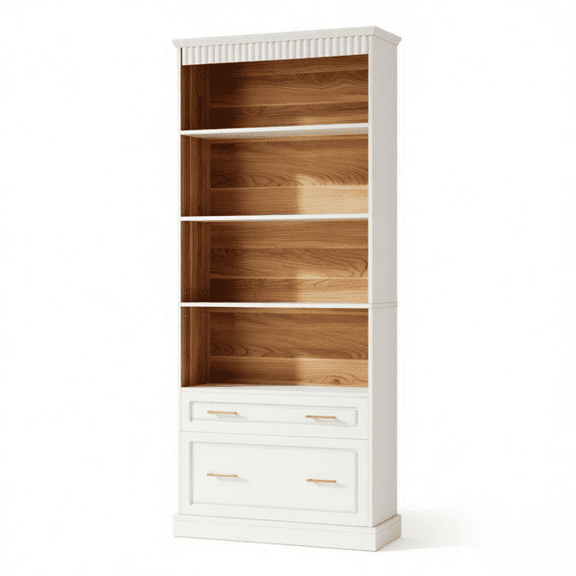 Modern White Bookcase with 2 Drawers Durable & Easy to Clean, Closed Backboard, Anti-Tip Kit, Ideal for Living Room, Bedroom, or Study