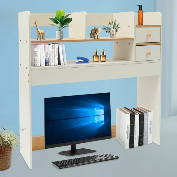 Modern White Bookshelf with 2 Drawers, Desktop Storage Organizer 36*7*30.7in 2 Tiers 2 Drawers Desktop Bookshelf