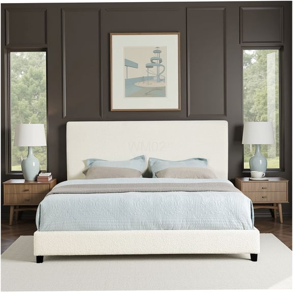 Modern White Boucle Upholstered King Size Bed Frame with Platform Base and Padded Headboard