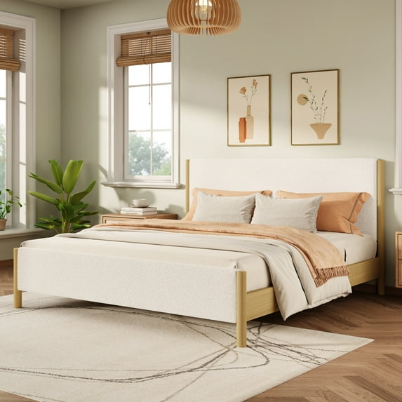 Modern White Boucle Upholstered Queen Bed with Rubberwood Legs, Soft Textured Fabric Platform Bed Frame for Bedroom, Sustainable Engineered Wood Structure, Scandinavian Style Design