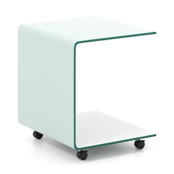 Modern White C-Shaped Nest Side Table with Tempered Glass Two-Tier Storage Shelf, Mobile End Table with 4 Lockable Swivel Casters, Safety Rounded Corner Accent Furniture for Living Room & Bedroom