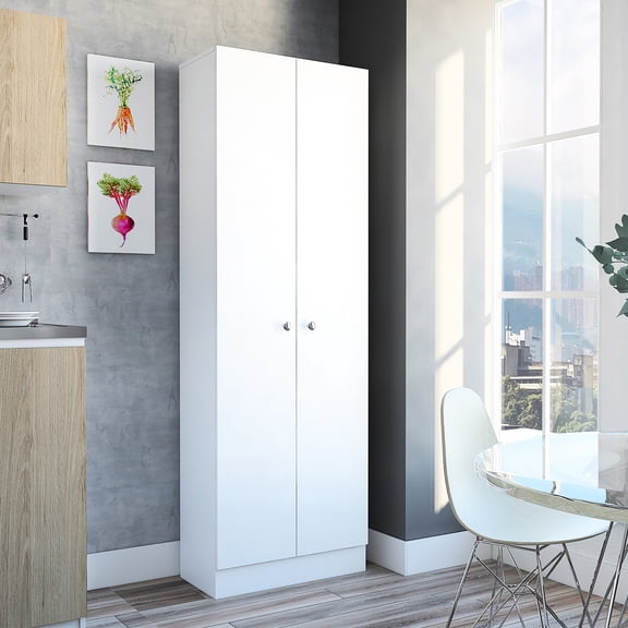 Modern White Cabinet With Five Shelves For Garage, Laundry, Living Room Storage