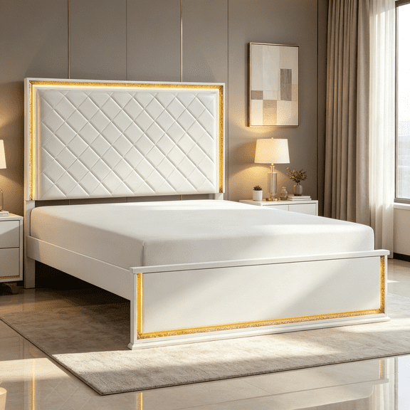 Modern White California King Bed with LED Headboard, Upholstered Platform Bed Frame, Contemporary Glam Bedroom Furniture