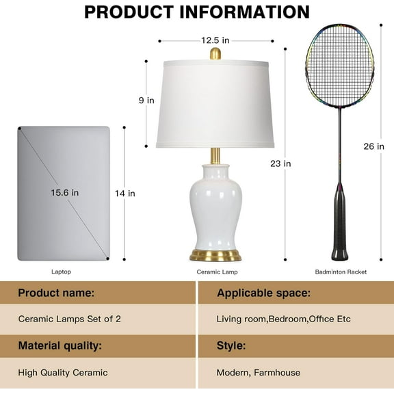 Modern White Ceramic Table Lamps Set of 2, 23" Rustic Farmhouse Bedside Lamp with Ginger Jar Design for Living Room, Bedroom, Nightstand, Desk, Home Decor