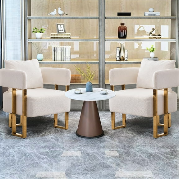 Modern White Chair With Golden Legs And Soft Fleece Padding Fashionable Strong Fluffy For Living Room