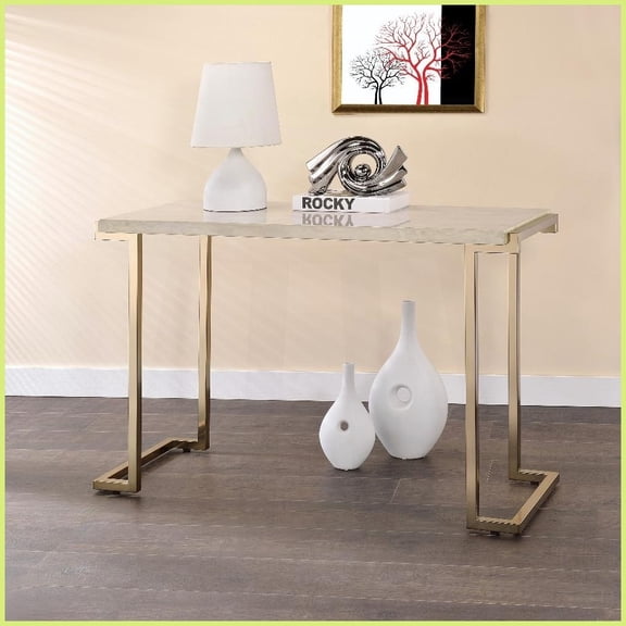 Modern White & Champagne Faux Marble Coffee Table for Living Room, Easy-Clean & Sturdy Metal Legs