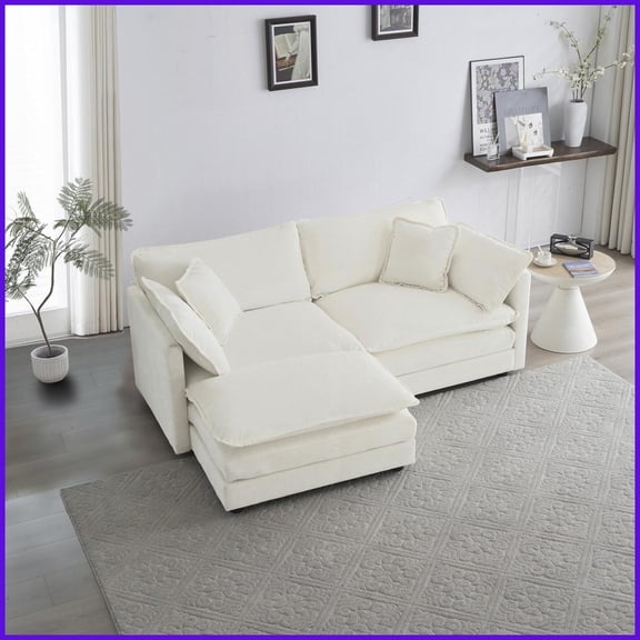 Modern White Chenille 2-Seater L-Shaped Sectional Sofa with Ottoman for Small Living Spaces
