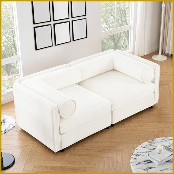 Modern White Chenille 2-Seater Loveseat with Storage - Stylish Living Room Sofa with Cylindrical Backrest