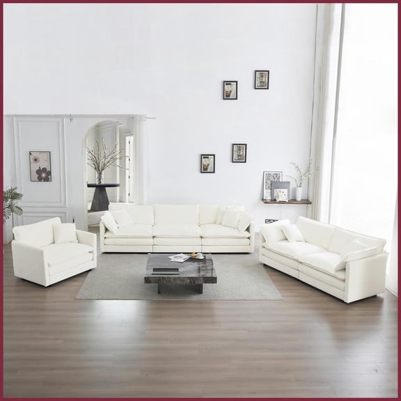 Modern White Chenille 3-Piece Sectional Sofa Set - Extra Deep Seat for Living Room, Includes 3-Seat, Loveseat & Chair
