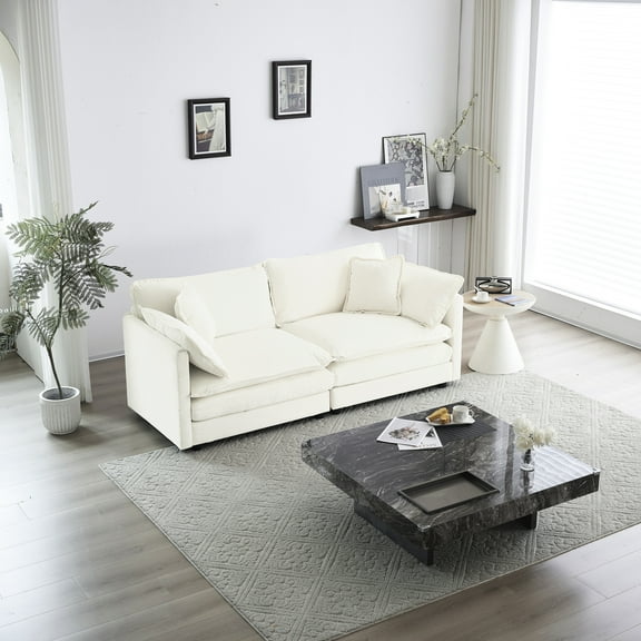 Modern White Chenille Couch For Living Room - 2 With 4 Pillows Upholstered In Breathable Material Wood Frame Offer A Relaxing Space Textile Solid Create Comfortable