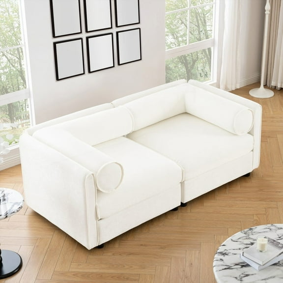 Modern White Chenille Loveseat Featuring Storage Seat & Cylindrical Backrest, Ensuring Ergonomic Support