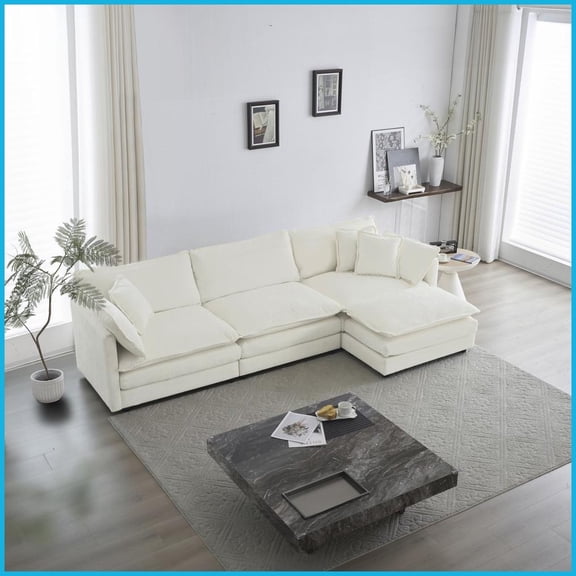 Modern White Chenille Modular L-Shaped Sectional Sofa with Reversible Ottoman – Comfy Living Room Centerpiece