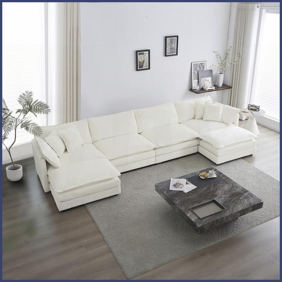 Modern White Chenille U-Shaped Sectional Sofa with Reversible Chaise & 2 Ottomans – Ideal for Living Room