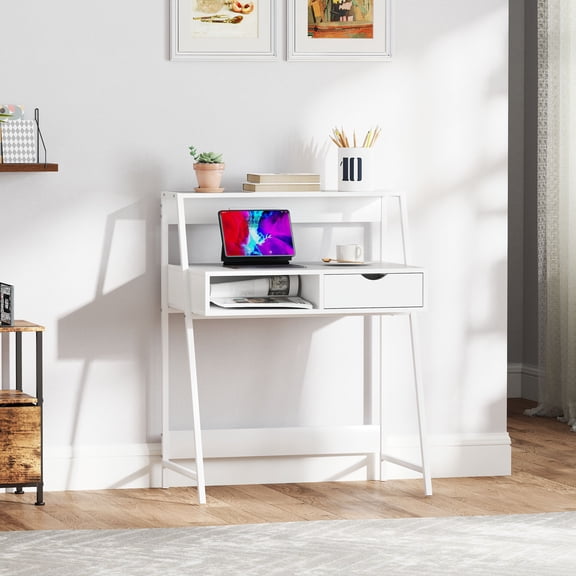 Modern White Computer Desk, Steel Frame P2 Particle Board Desk with 2 Open Shelves 1 Drawer, Space-Saving Writing Desk for Home Office Study Dining Room