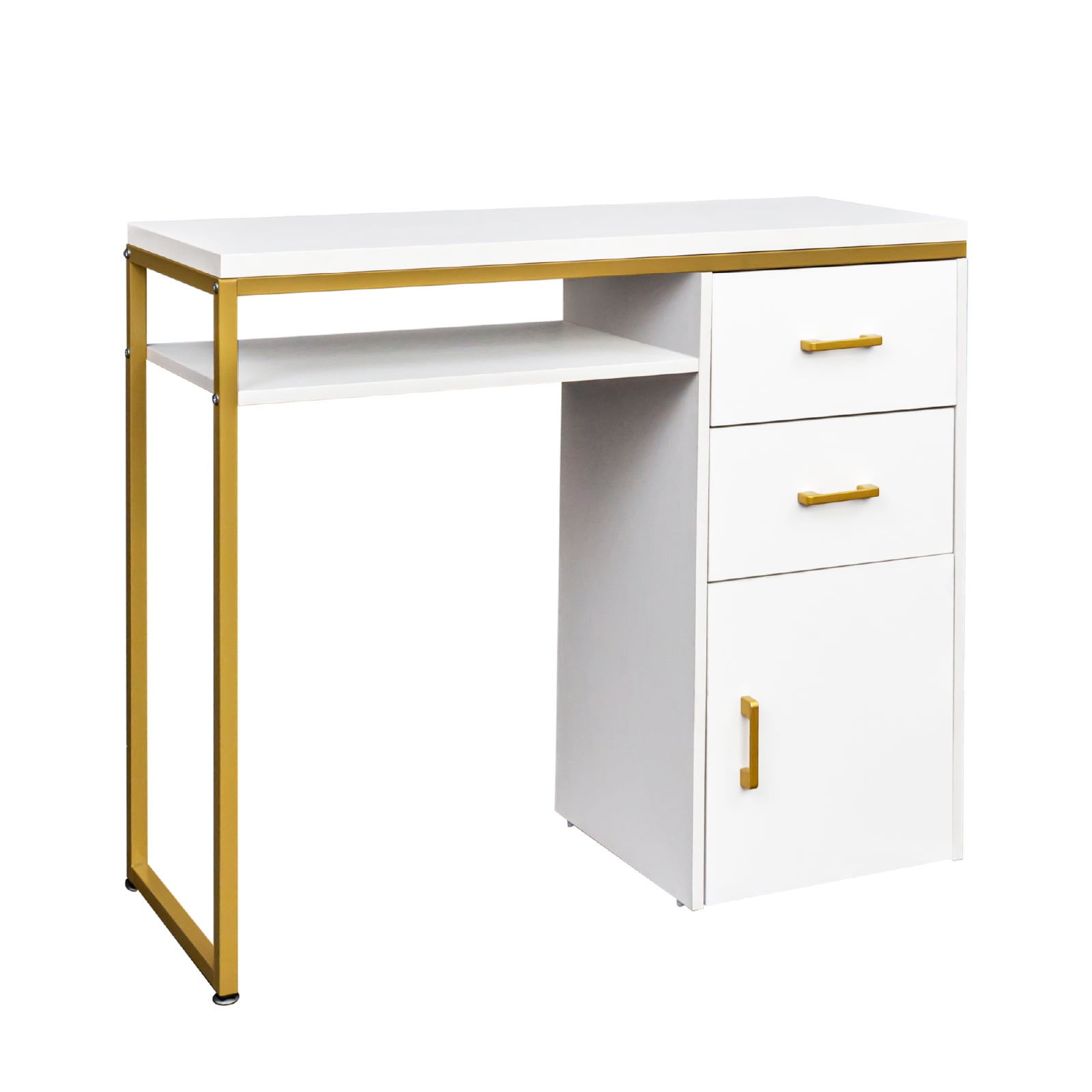 Modern White Computer Desk with 2 Drawers & Storage Cabinet, Particle Board Top Iron Frame Home Office Study Writing Desk for Small Space