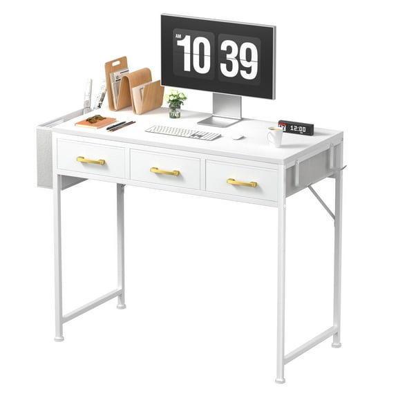 Modern White Computer Desk with 3 Drawers & Side Pocket,Small Makeup Vanity Desk, Including 2 Hooks, for Home Office, Writing, Study, Bedroom