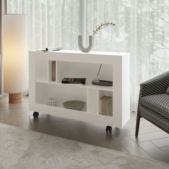 Modern White Console Table with Open Storage and Wheels Cowlic