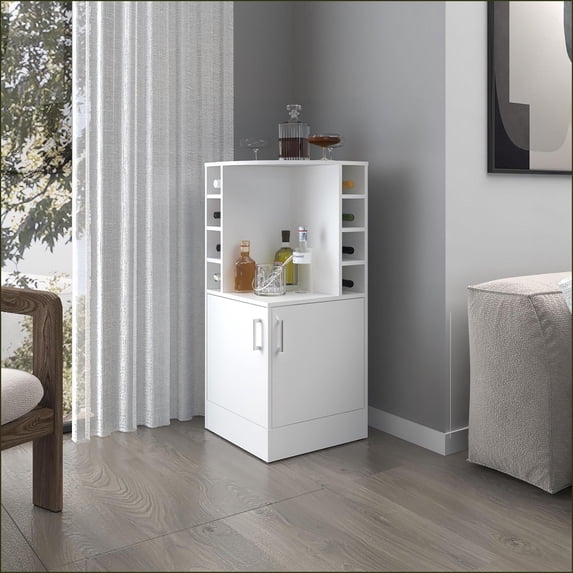 Modern White Corner Bar Cabinet with Wine Rack, Open Shelves & Hidden Storage | Particle Board | Melamine