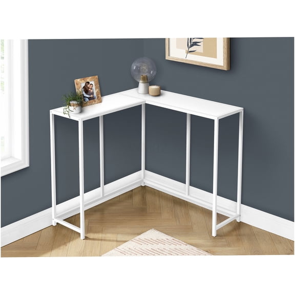 Modern White Corner Console Table for Entryway & Living Room, L-Shaped Accent Table with Metal Frame
