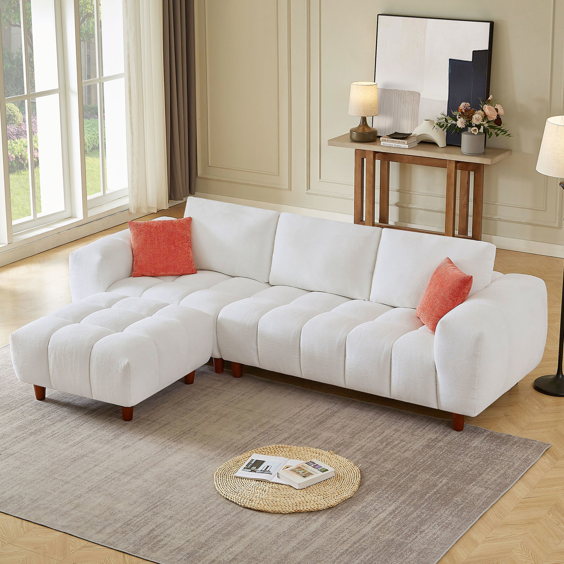 Modern White Couch, 108.46 Inch L Shaped Convertible Sectional With